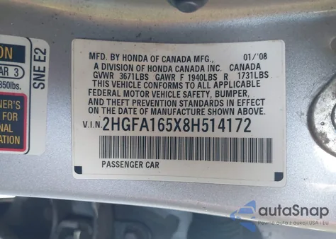 2008 Honda Civic Lx z USA, uszkodzony, nr VIN 2HGFA165X8H514172